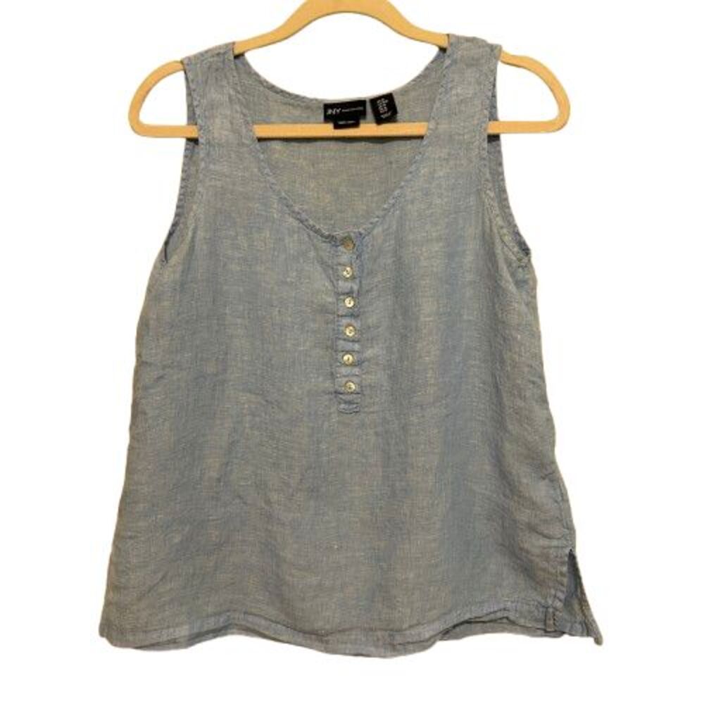 JNY Jones New York 100% Linen Sleeveless Henley Top Medium Blue Beachy Coastal